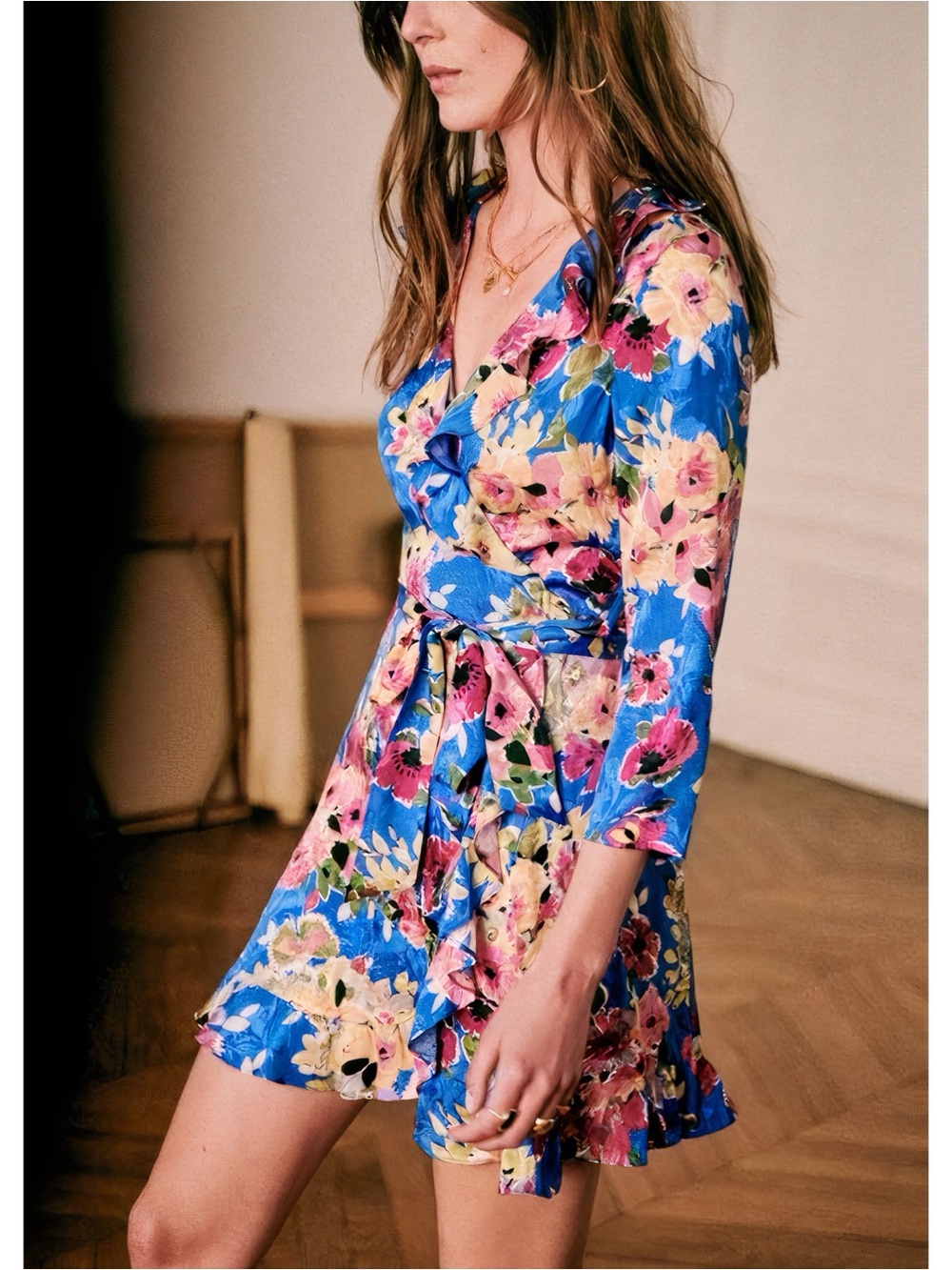 NWT Sezane Wrap Floral Long-Sleeve Blue Asianne Mini Dress